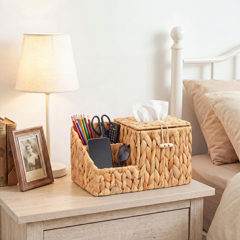 Tissue Box Cover with Storage, Water Hyacinth Square Tissue Box Holder