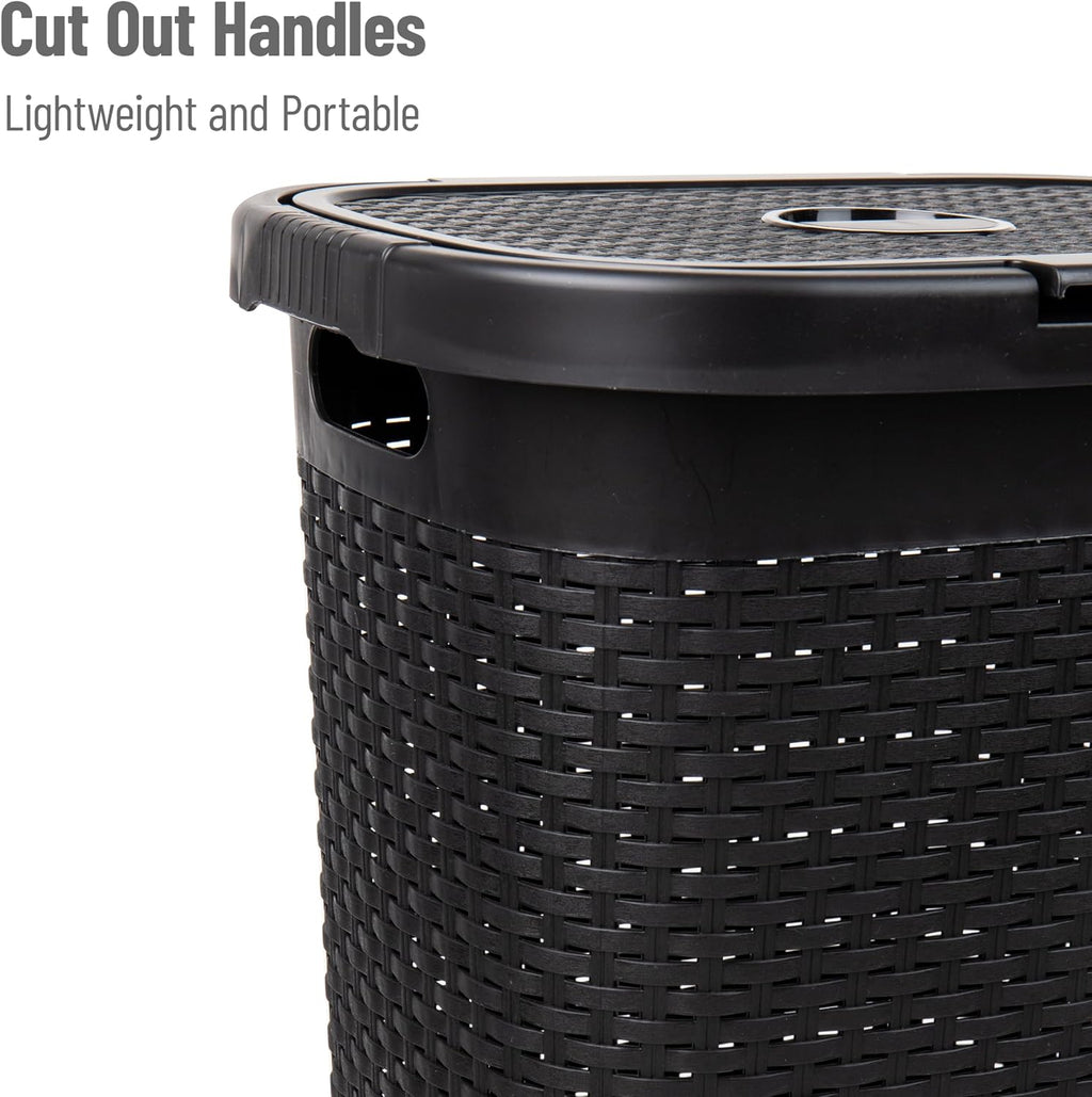 Mind Reader Slim Laundry Hamper with Lid, 50L Clothes Basket, Premium Wicker Design, Plastic, Black