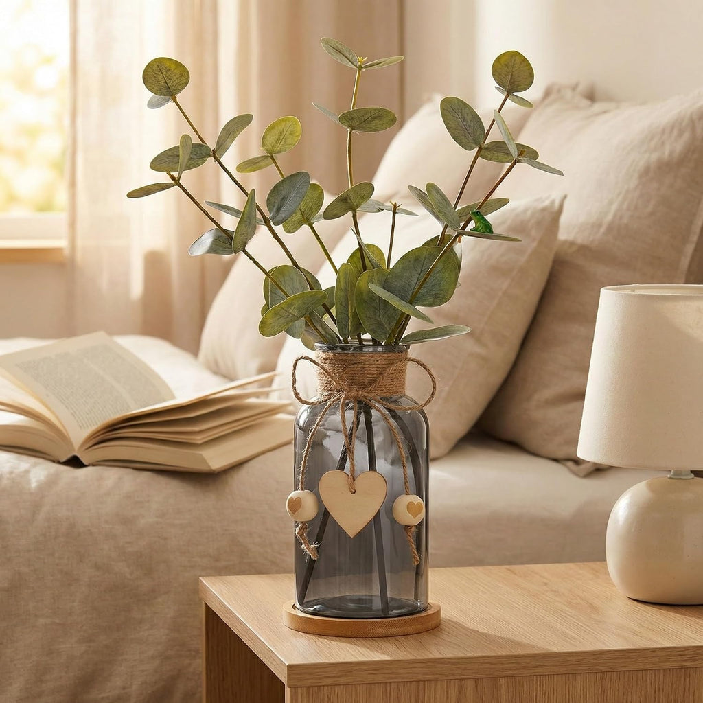 Artificial Eucalyptus Greenery Stems in Glass Vase,15" Doule Side 3D Fake Plants Eucalyptus Leaves faux Greenery for Centerpiece Table Decorations Home Room Decor office Desk Green Decor (Black)