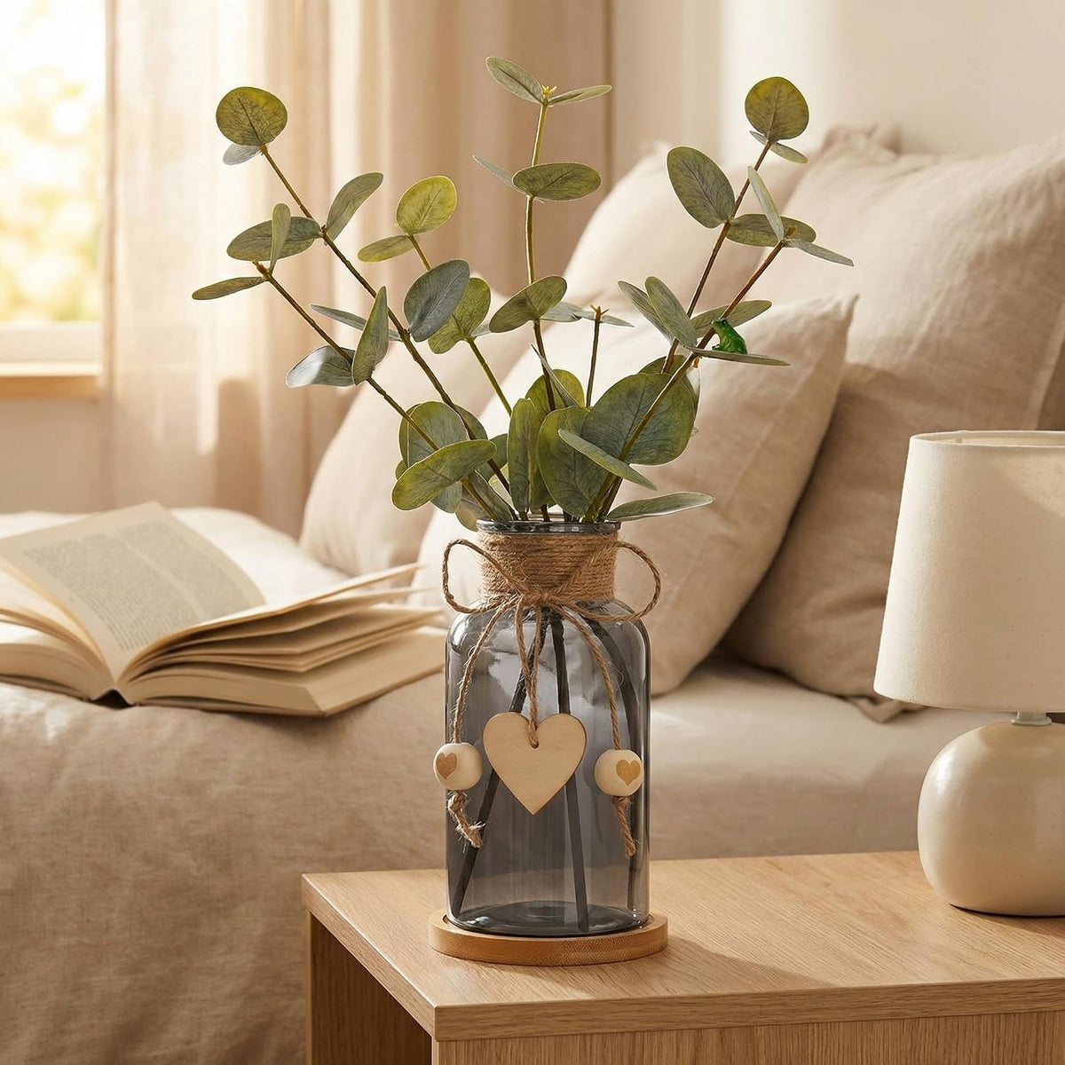 Artificial Eucalyptus Greenery Stems in Glass Vase,15" Doule Side 3D Fake Plants Eucalyptus Leaves faux Greenery for Centerpiece Table Decorations Home Room Decor office Desk Green Decor (Black)