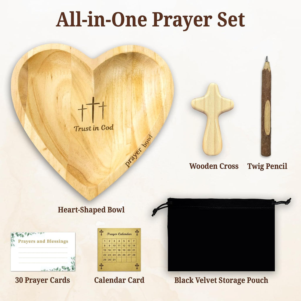 Prayer Bowls for Women Trust In God - Wooden Heart Prayer Bowl with 30 Cards & Wooden Fidget Cross - Birthday Gifts for Christian Women, Godmothers, Mom, Natural Heart Decorative Bowl with Storage Bag