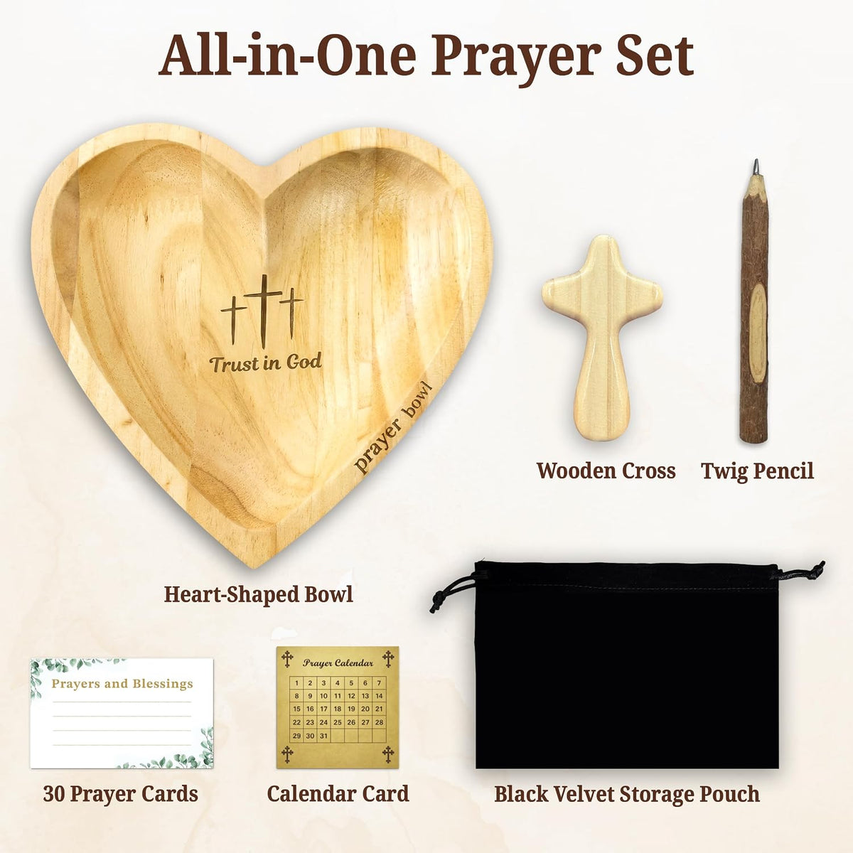 Prayer Bowls for Women Trust In God - Wooden Heart Prayer Bowl with 30 Cards & Wooden Fidget Cross - Birthday Gifts for Christian Women, Godmothers, Mom, Natural Heart Decorative Bowl with Storage Bag