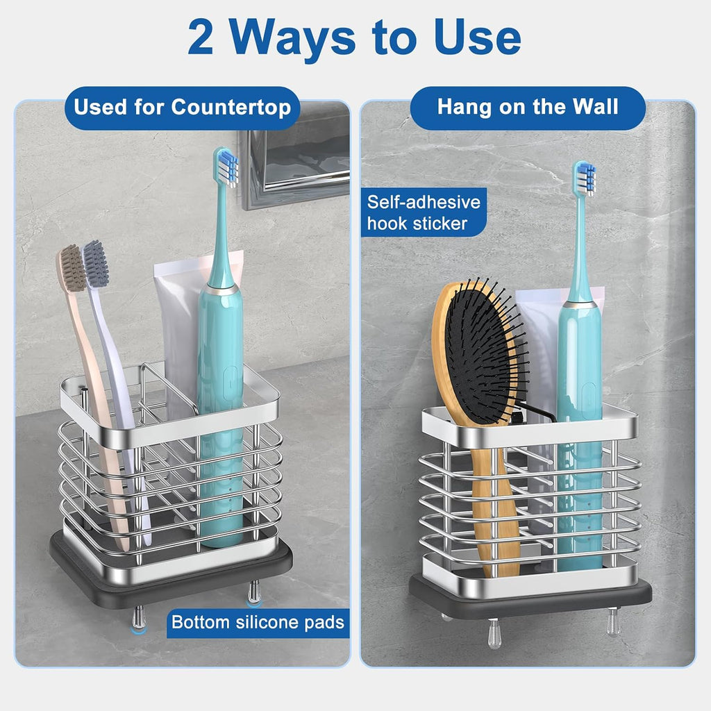 Toothbrush Holders for Bathroom, Adhesive Electric Toothbrush Holder with Fast Dry Tray Wall Mounted Toothbrush Holder Shower Toothpaste Bathroom Organizer Essentials, 2 Slots, Silver