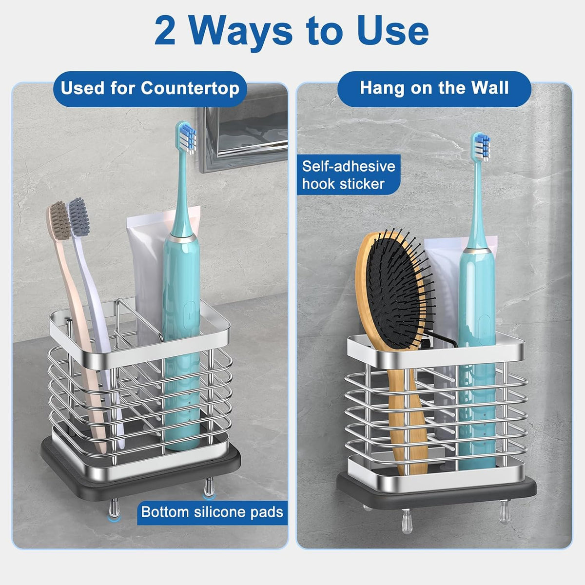 Toothbrush Holders for Bathroom, Adhesive Electric Toothbrush Holder with Fast Dry Tray Wall Mounted Toothbrush Holder Shower Toothpaste Bathroom Organizer Essentials, 2 Slots, Silver