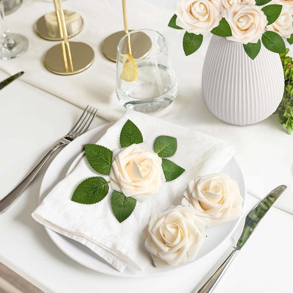 Mocoosy 50Pcs Rose Artificial Flowers, Cream White Fake Roses for Decorations, Real Touch Beige Foam Rose Bulk with Stem DIY Wedding Bouquet Bridal Shower Centerpieces Floral Arrangement Table Decor