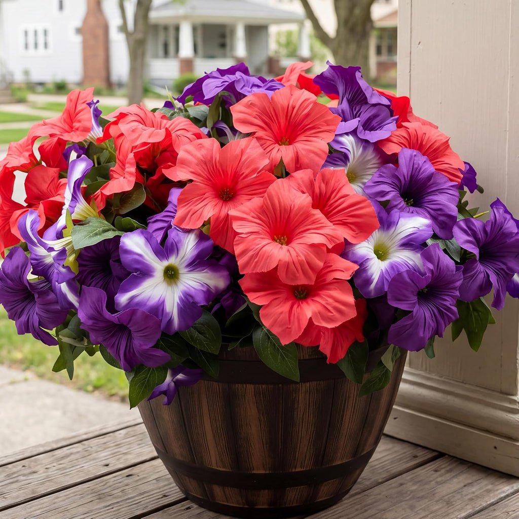 Artificial Fake Flowers Plants for Outdoor Decoration, 4PCS Faux Petunias Silk Flower UV Resistant No Fade for Home Outside Garden Balcony Yard Porch Realistic Indoor Decor (Purple/Red)