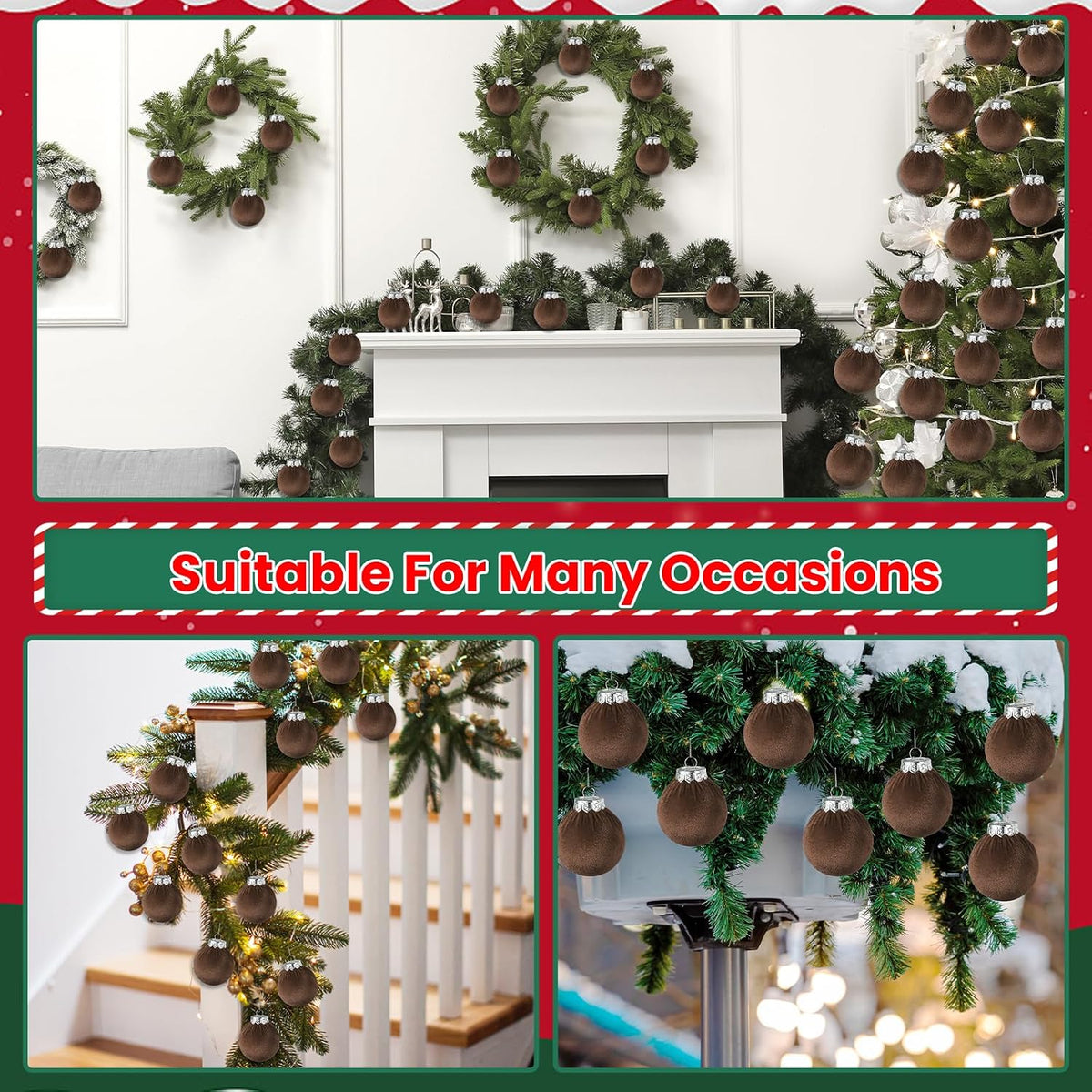 Velvet Christmas Balls Set 30pcs Dark Brown Velvet Christmas Tree Ornaments Shatterproof Xmas Hanging Balls Decorative Hanging for Xmas Holiday Family Home Store Indoor Decor 2.4inch