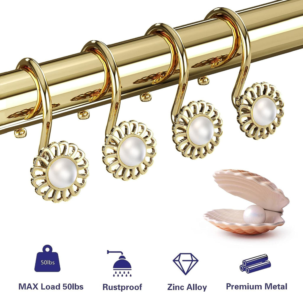 Gold Shower Curtain Hooks Rings, Decorative Shower Curtain Hangers, Heavy Duty Metal Shower Rings, Sunflower Shower Hooks for Shower Curtain Rod and Liner, Bathroom Curtain Hooks, Luxury Gold, iToplin