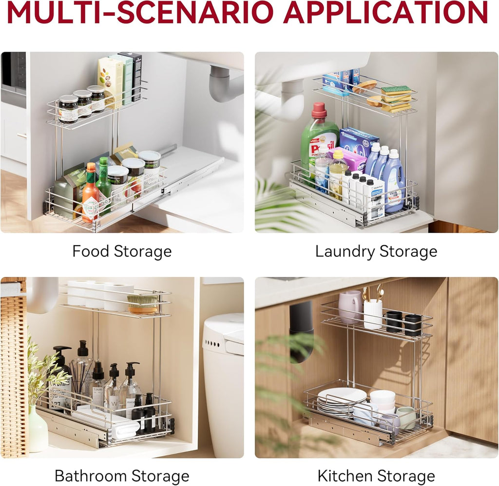 2 Pack Under Sink Organizer 9"W X17"D, Pull Out Cabinet Organizer 2 Tier,