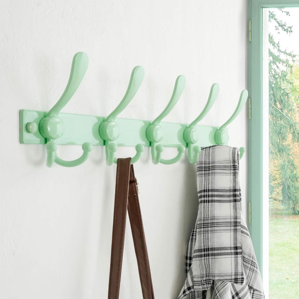 Dseap Coat Rack Wall Mount, Heavy Duty 12-Gauge Base vs Flimsy 1mm, Double-Thick Solid Anti-Snap Hooks, 16” Stud-Mount, Stainless Steel Hanger for Clothes Hat Entryway Closet, Green, Pack of 2