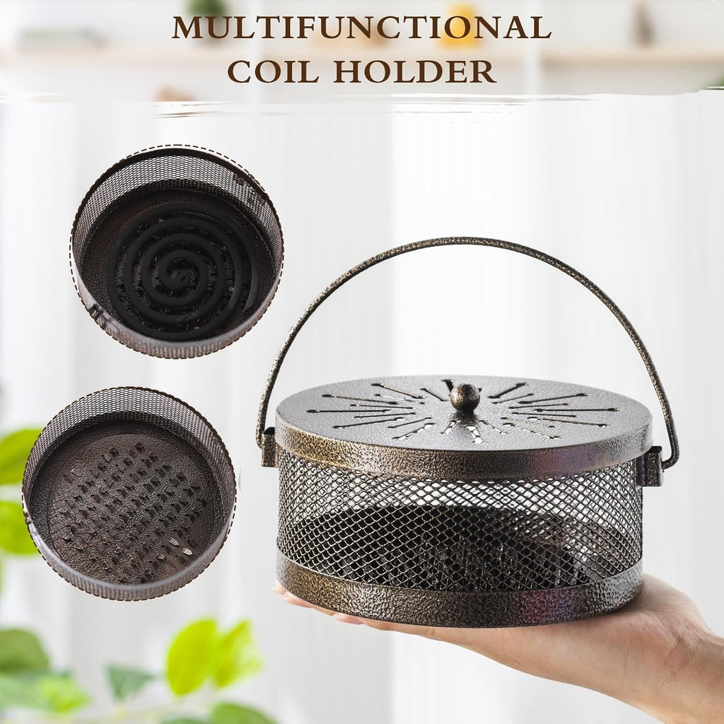 Lallisa 4 Pieces Mosquito Coil Holder Incense Coil Holder Round Retro Portable Metal Hanging Incense Burner with Handle for Home Camping Indoor Outdoor Patio(Bronze)