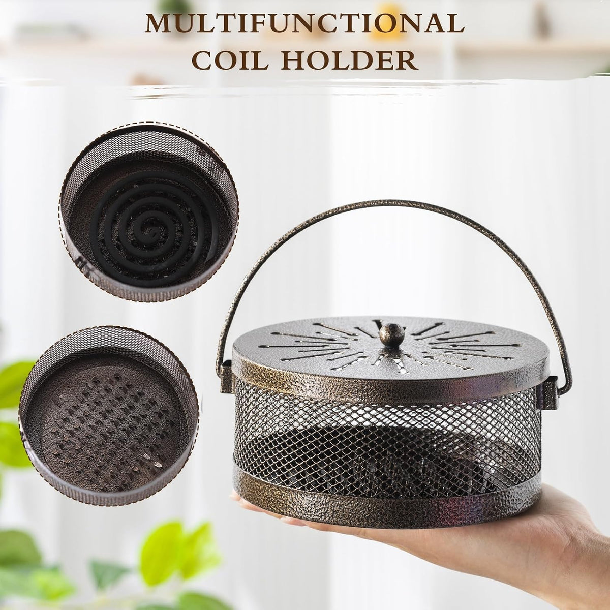 Lallisa 4 Pieces Mosquito Coil Holder Incense Coil Holder Round Retro Portable Metal Hanging Incense Burner with Handle for Home Camping Indoor Outdoor Patio(Bronze)