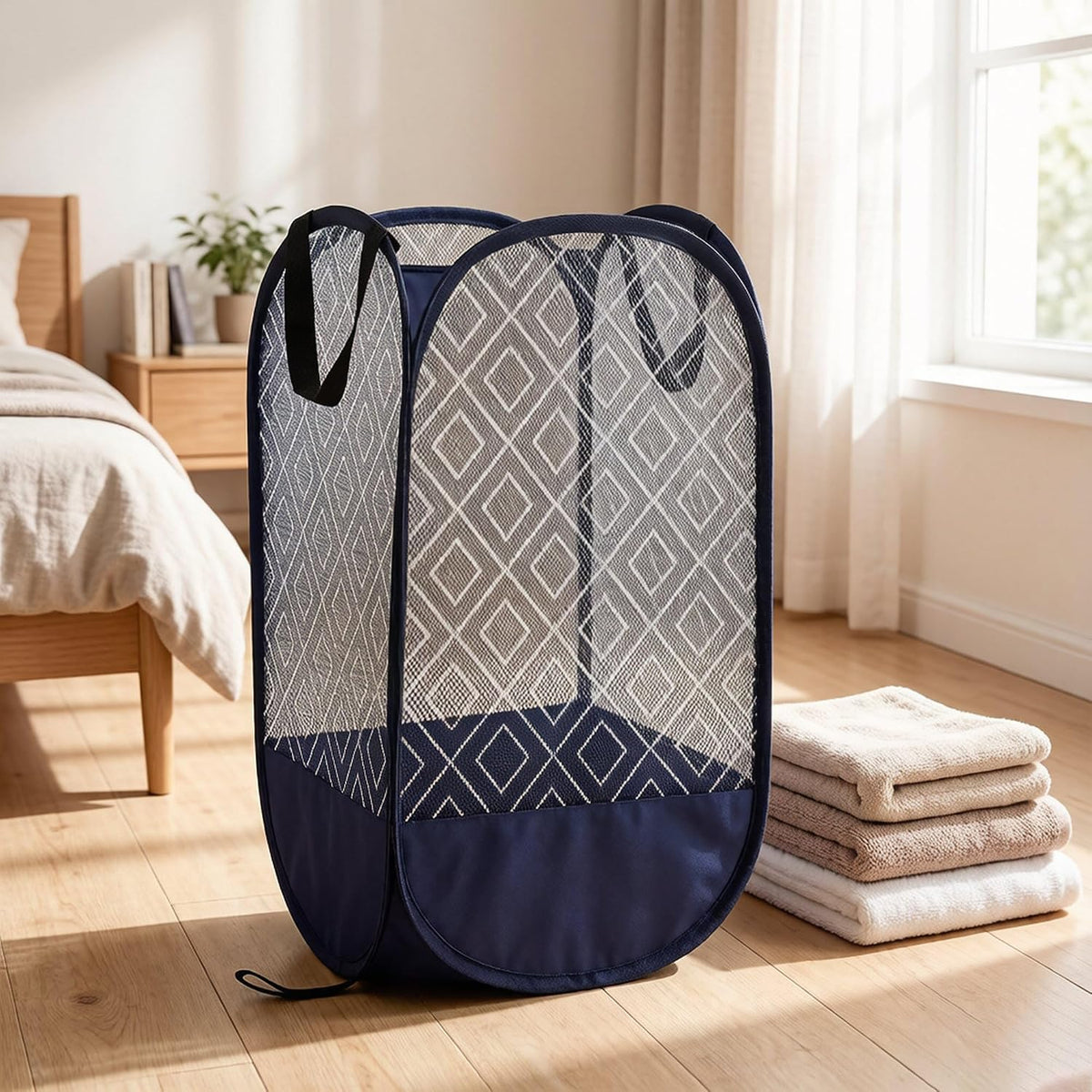 Upgraded 100L Extra Large Mesh Pop Up Laundry Hamper with Handles, Blue