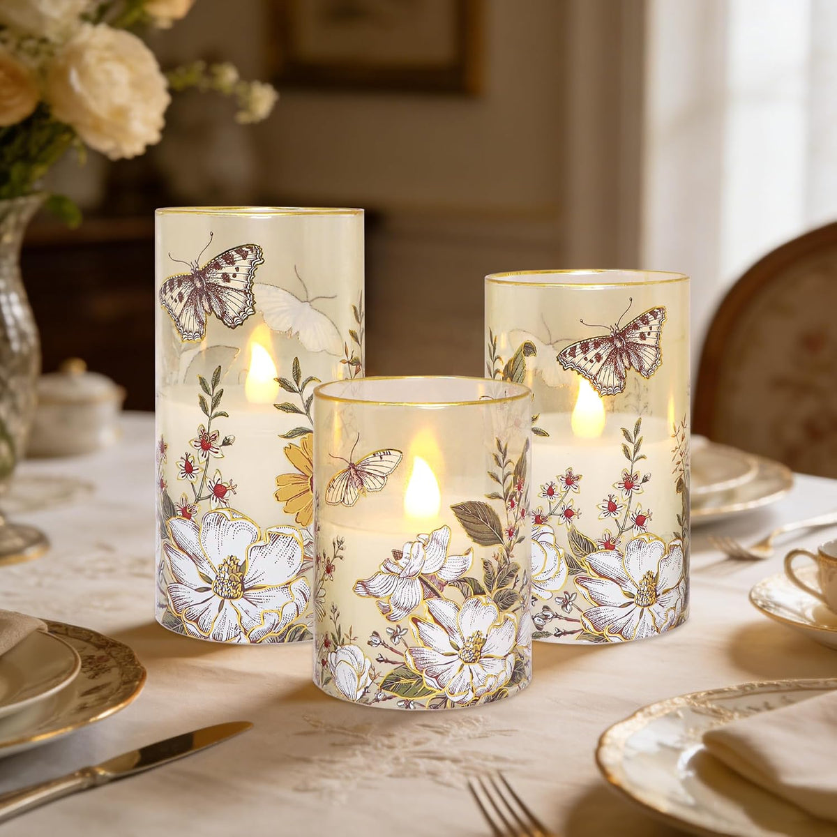 Glass Flameless Candles Battery Operated with Remote Timer Botanical Butterfly & Floral Real Wax Flickering LED Pillar Candle for Spring Summer Home Decor, Wedding, Table Centerpiece