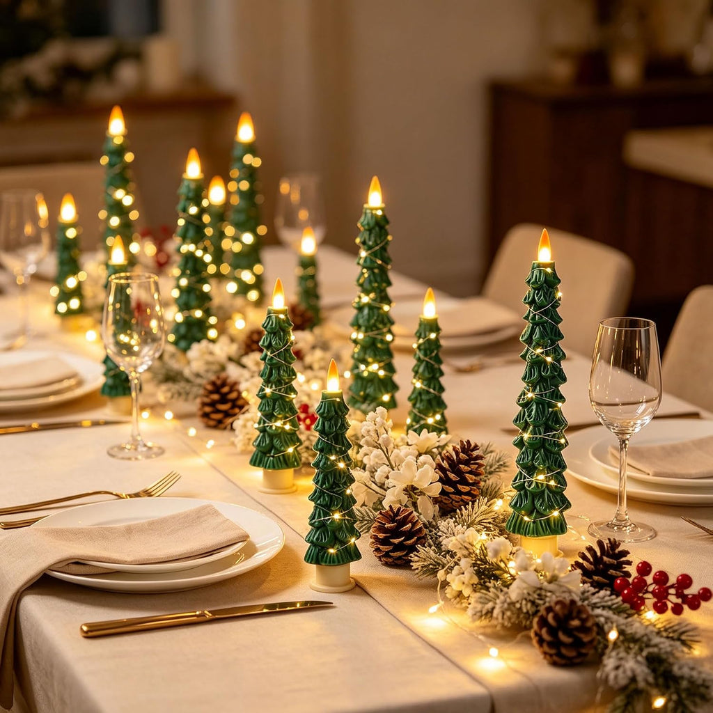 Christmas Tree Candles Surrounded by Fairy Lights, LED flameless Candle Lights with Remote Control Timing Function. Green