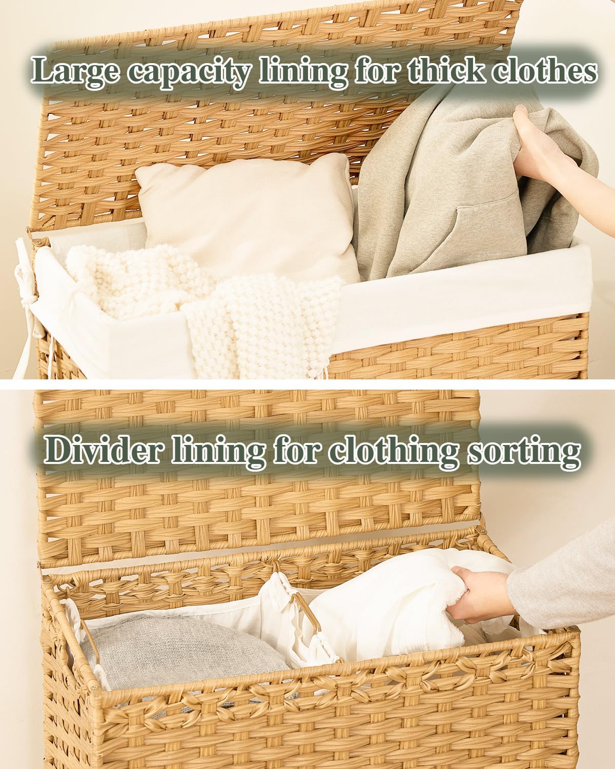 SETVSON Laundry Hamper with Lid Wicker Laundry Basket 112L, Natural