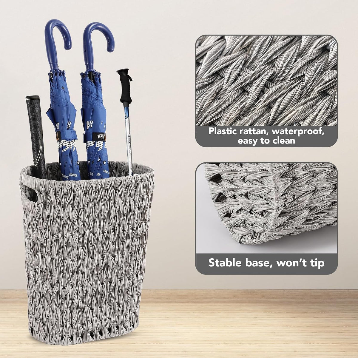 BSSN Wicker Trash Can and Square Tissue Box Cover, 4 Gallon Water Hyacinth Bathroom Trash Can, Handwoven Napkin Holder, Narrow Small Waste Basket, Rustic Decorative Home Set for Bedroom,Office (Grey)