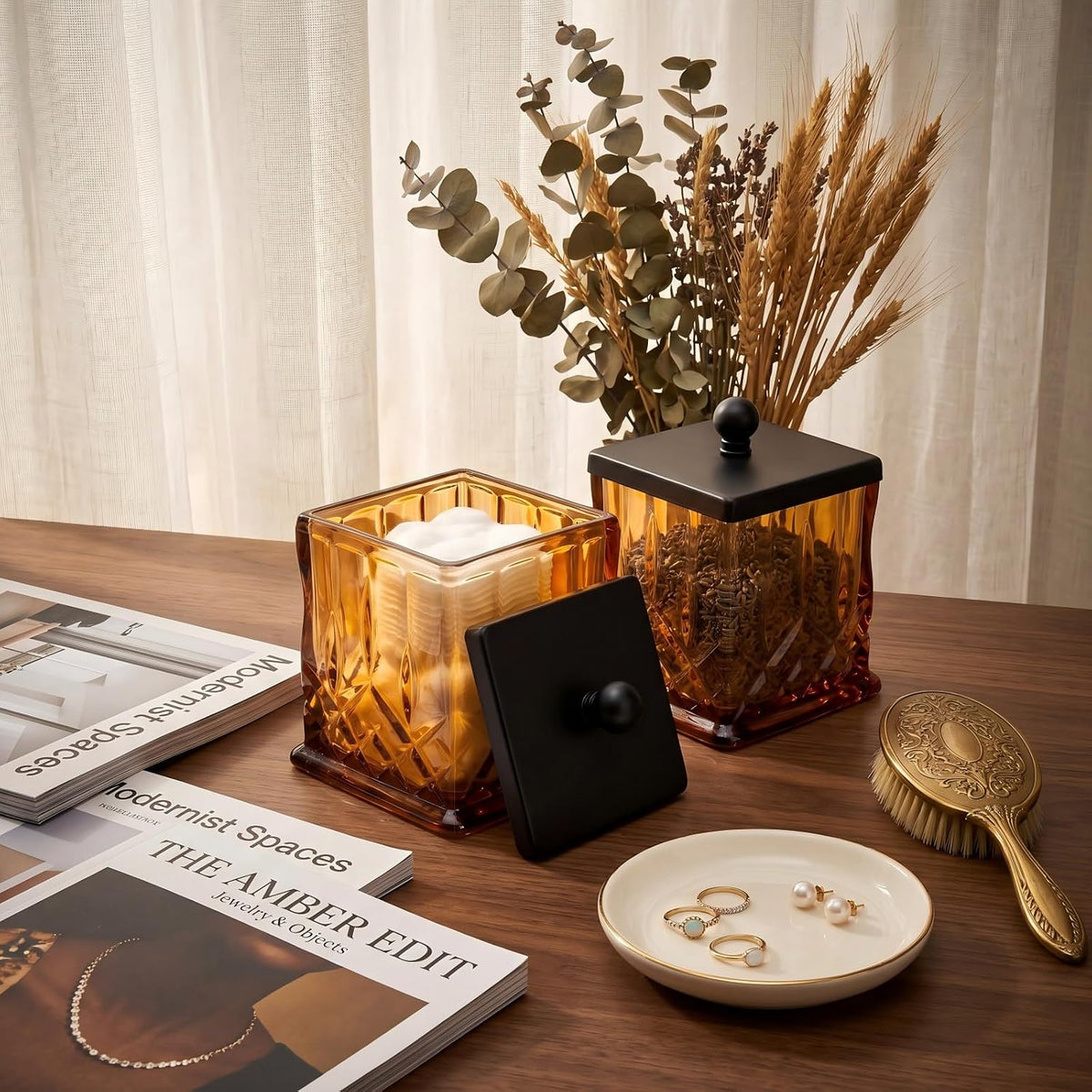 2 Pack 15Oz Amber Q-Tip Holder, Square Thick Glass