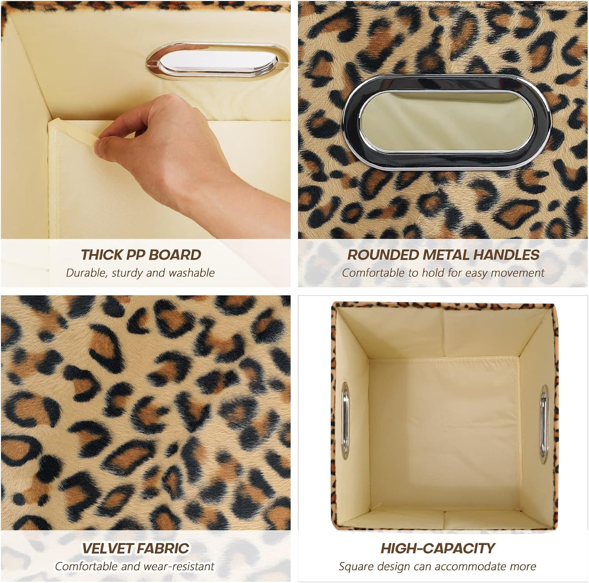 ANMINY Leopard Cheetah Print Storage Cubes Bins, Velvet, Brown, 11Inch 2PCS