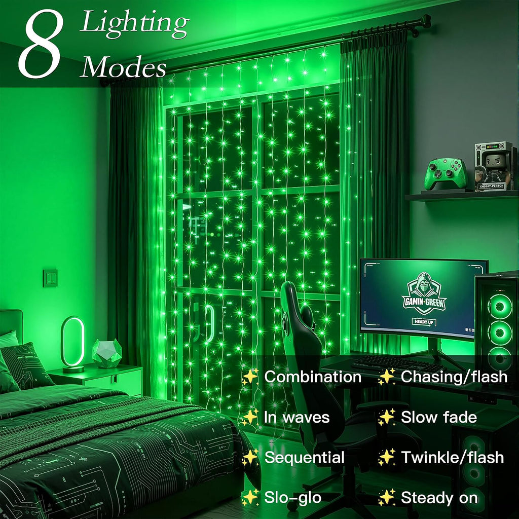 300 LED Green Curtain String Lights 9.8x9.8FT, Plug in Fairy Lights, 9 Hooks, Dimmable Timer 8 Modes, IP44 Waterproof, Gaming Room Wall Summer Patio Party Jungle Window Indoor Outdoor Decor