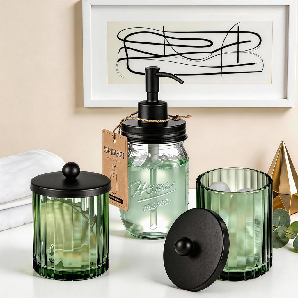 Amolliar Green Glass Apothecary Jar, Qtip Holder for Bathroom(Black 2 Pack)