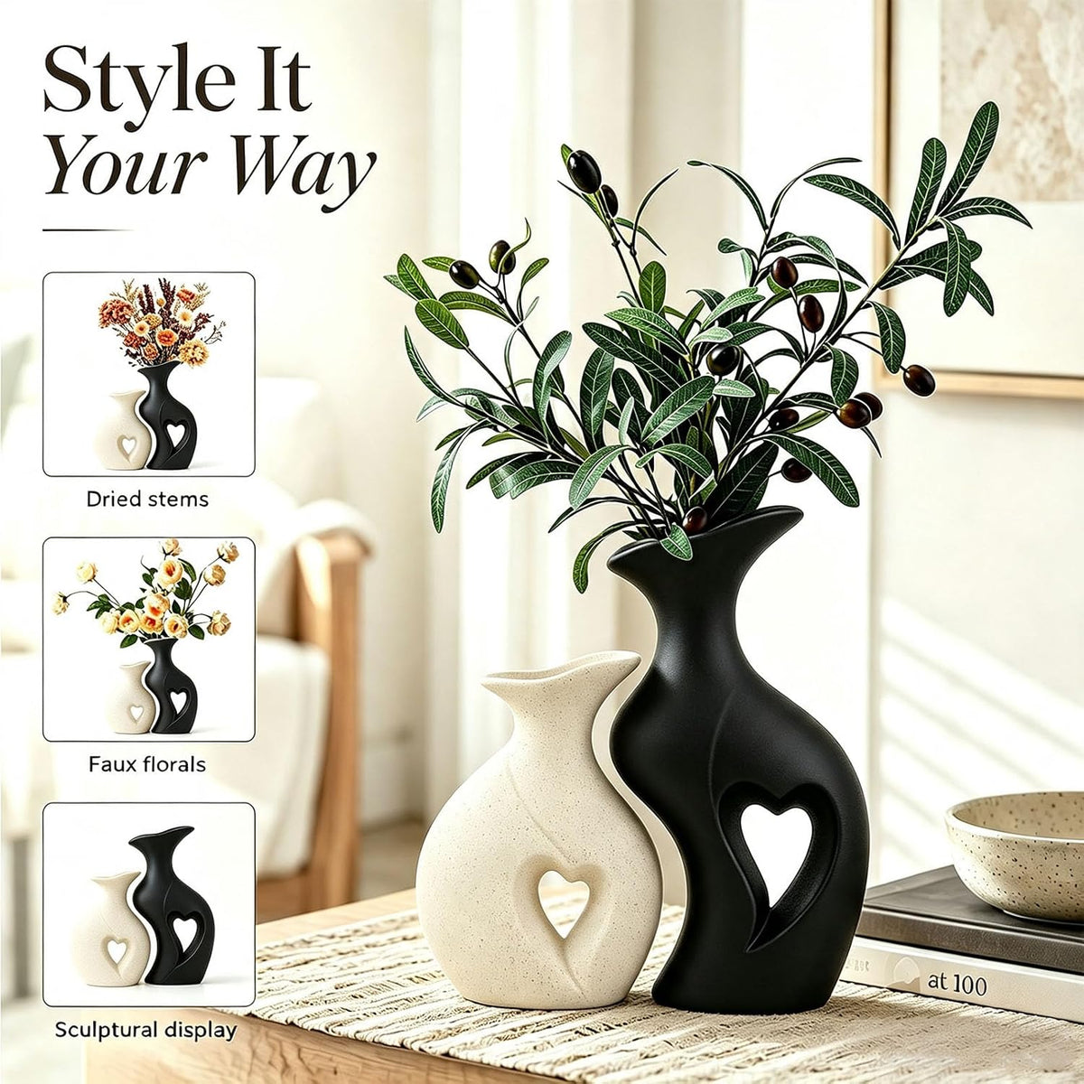 Modern Heart Ceramic Vases Flower Vase Set of 2 (Cream & Black)