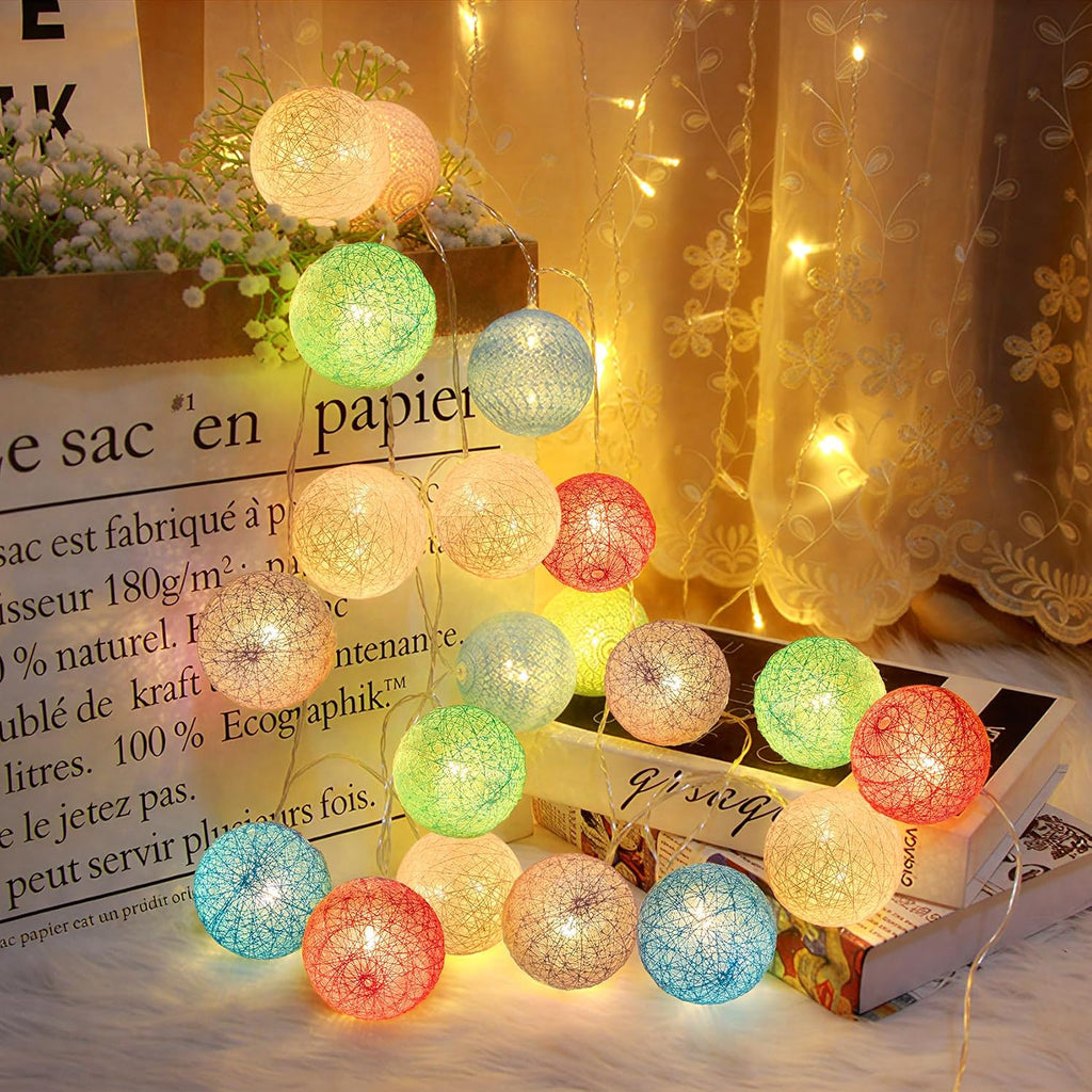 Anordsem Battery String Light Indoor: 6.88Ft/10 LED Cotton Ball Lanterns 2 Pack - Fairy Macaron Color Lighting Hanging Deco for Bedroom Party - Birthday Gifts for Babies Adults 25-50