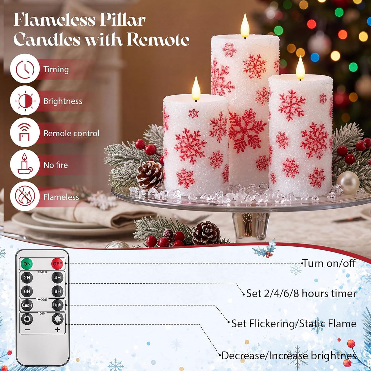 Retisee 3 Pcs Christmas Snowflake Flameless Candles 4" 5" 6"
