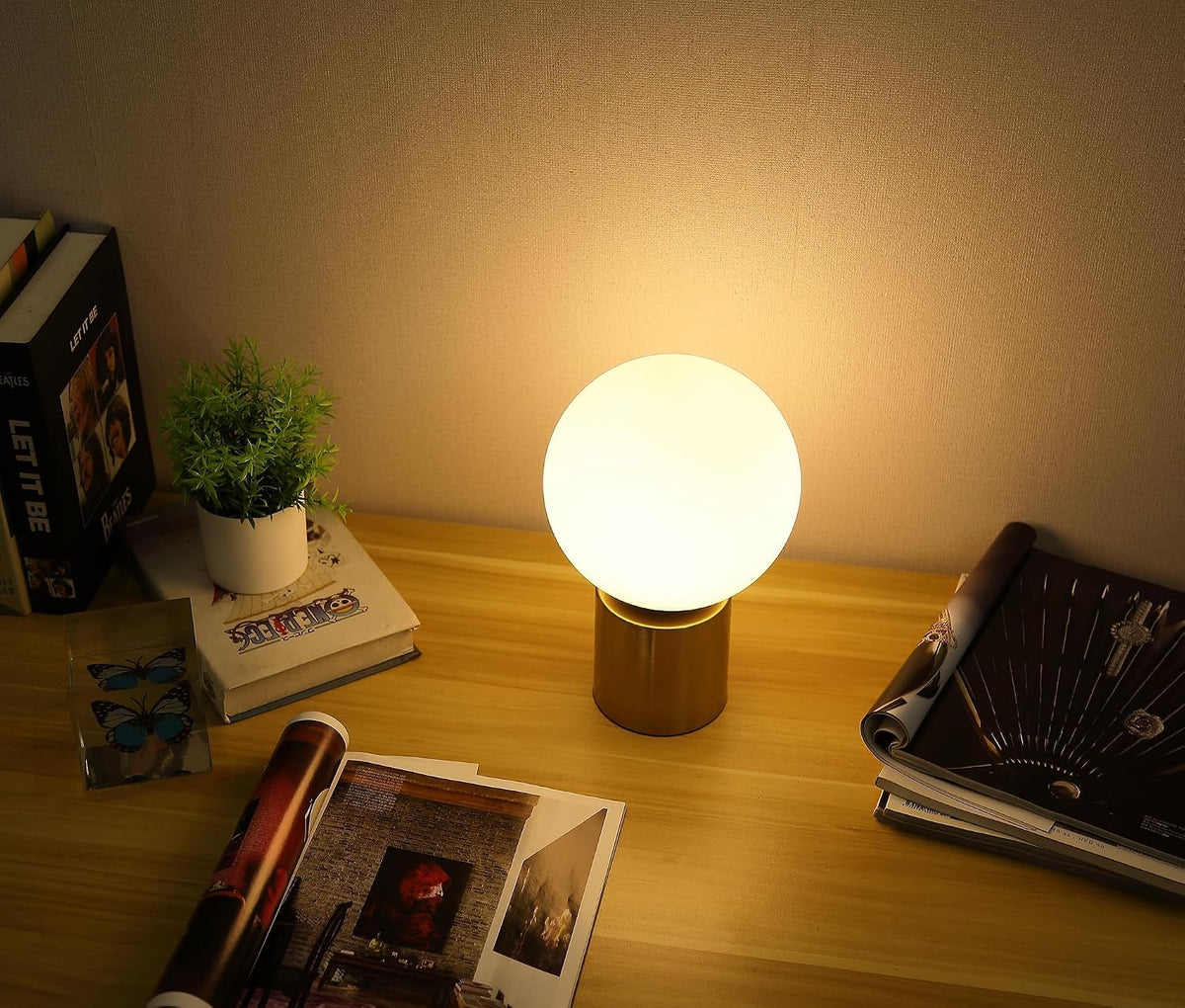 Modern Mid Century Gold Globe Table Lamp Set of 2, Round Bedside Nightstand Lamp with White Glass Shade Metal Base Desk Lamp for Bedroom Living Room End Table