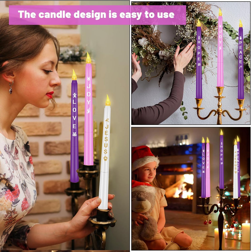 RGQSUN LEDs Flameless Advent Candles Sets of 5 Christmas Advent Candles Battery Operated Flickering Flameless Taper Candle for Christmas Wreath Advent Decor(Battery is not Included)