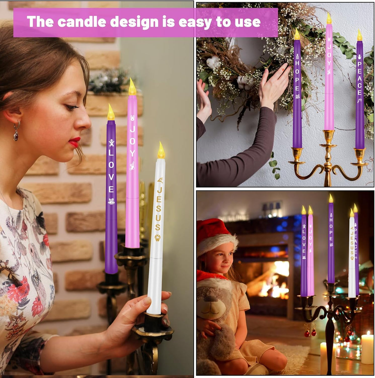 RGQSUN LEDs Flameless Advent Candles Sets of 5 Christmas Advent Candles Battery Operated Flickering Flameless Taper Candle for Christmas Wreath Advent Decor(Battery is not Included)