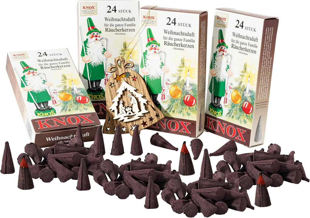 MaMeMi German Incense Cones Christmas – Knox 4 Packs (96 Cones) for Smoker Houses & Figurines | Holiday Scent | Gift Set with Wooden Ornament | Traditional Erzgebirge