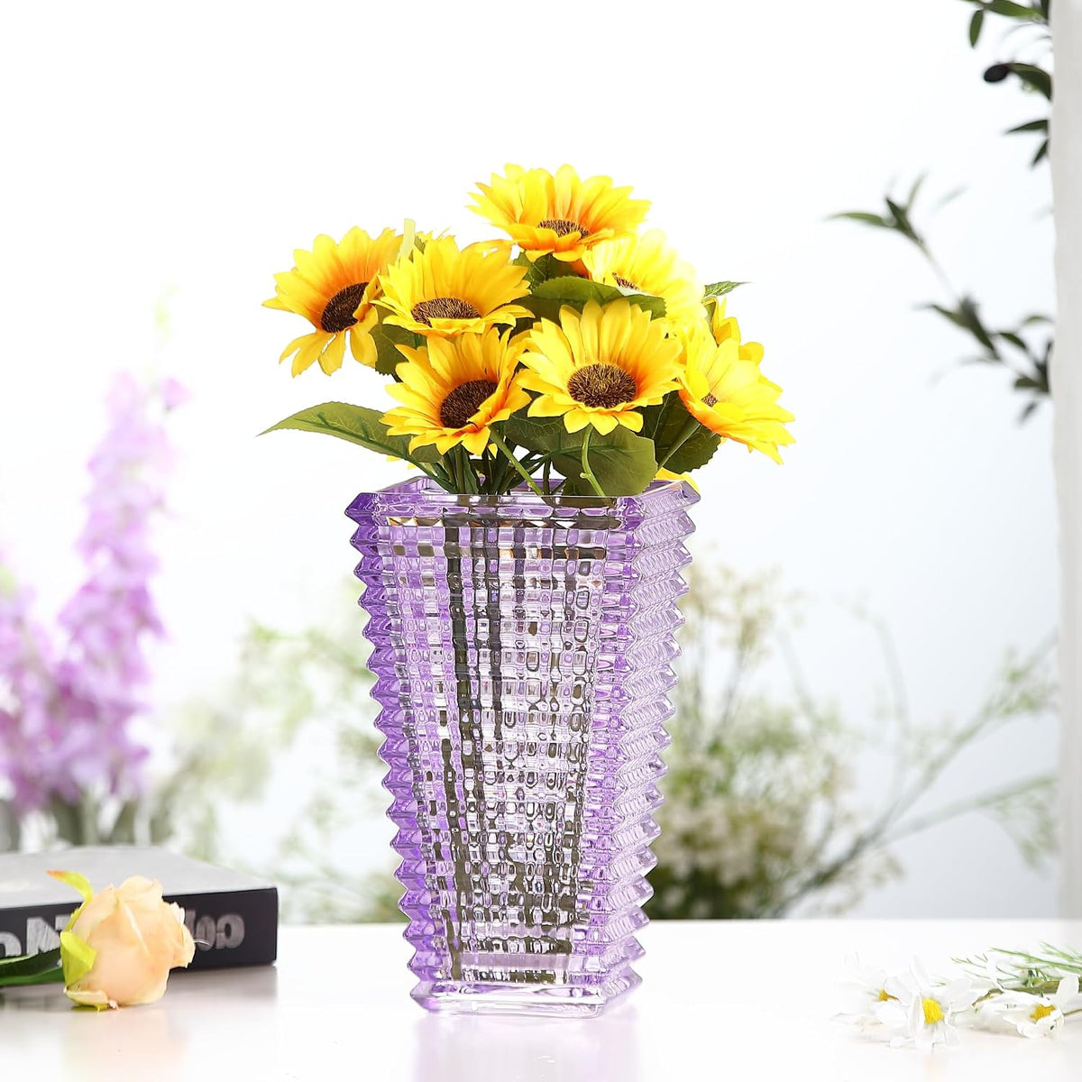 Crystal Glass Vase, Large Crystal Vases for Flowers, Large Flower Vase, Purple Modern Vases for Living Room, Bedroom, Kitchen, Dining Table, Mantle, Wedding, 11 Inches