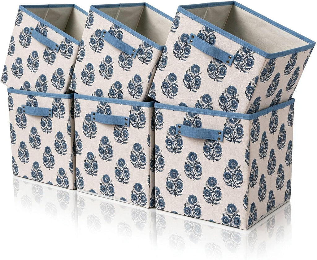 6 Pcs Fabric Floral Cube Storage Bins 11 Inch Flower Storage Basket with Handle, Linen Collapsible Fabric Box for Classroom Bedrooms Office Home Decoration (Blue indian flower)