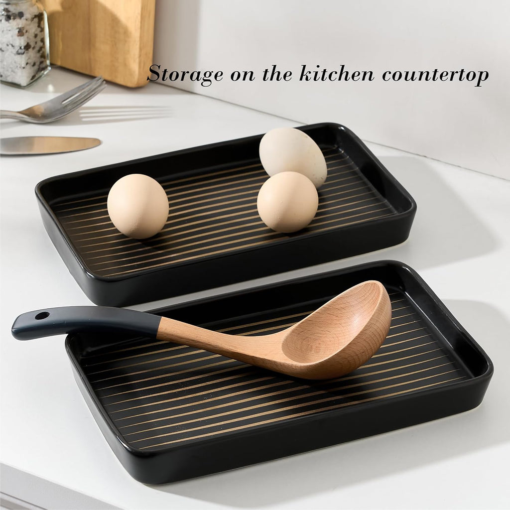 10"×6"×1" Black Bathroom Vanity Tray for Countertop- Ceramic Decorative Organizer Tray for Dresser Tops, Toilet, Perfume, Sponge Holder Soap Dish Dispenser for Kitchen Counter- Golden Stripes