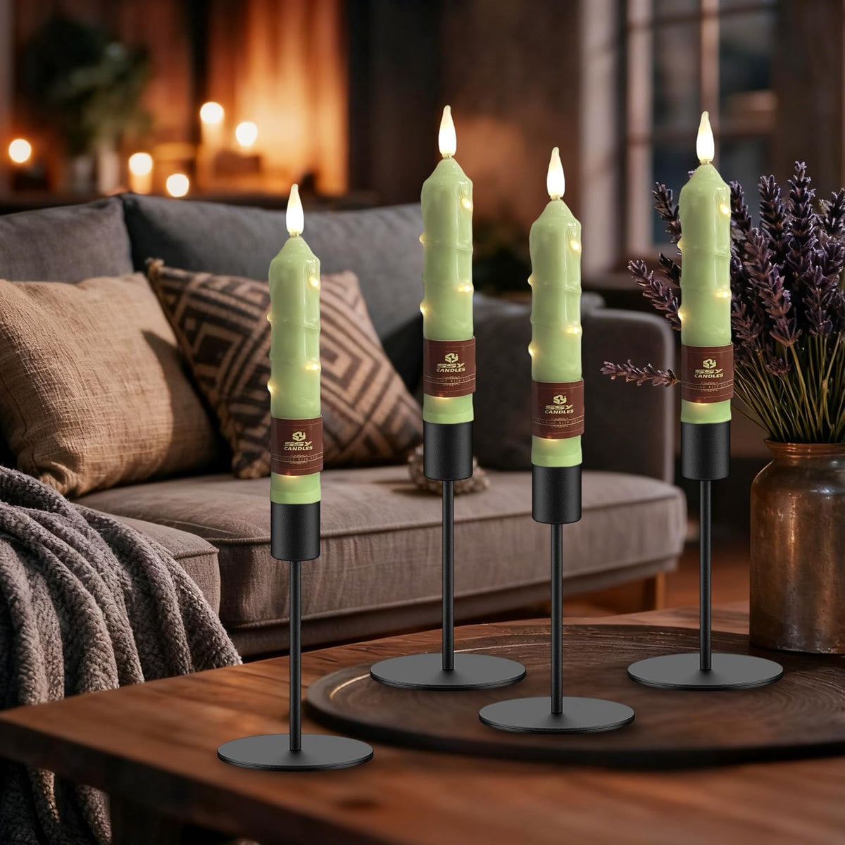 6.5 inch Green Flameless Candle with String Light Window Candles with Remote Timer Battery Operated Taper Candle LED Taper Candles Set of 4