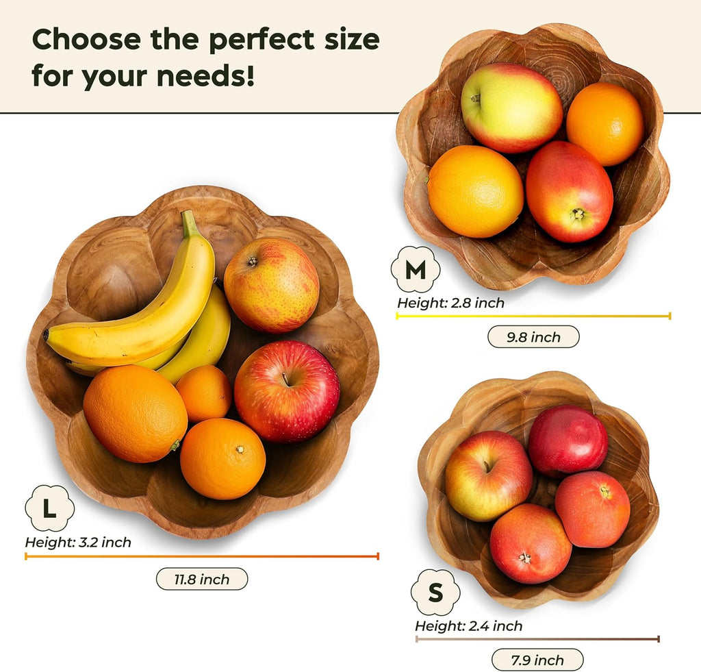 Wooden Bowl for Kitchen Counter, Decorative Fruit Bowl, Teak Wood Decor