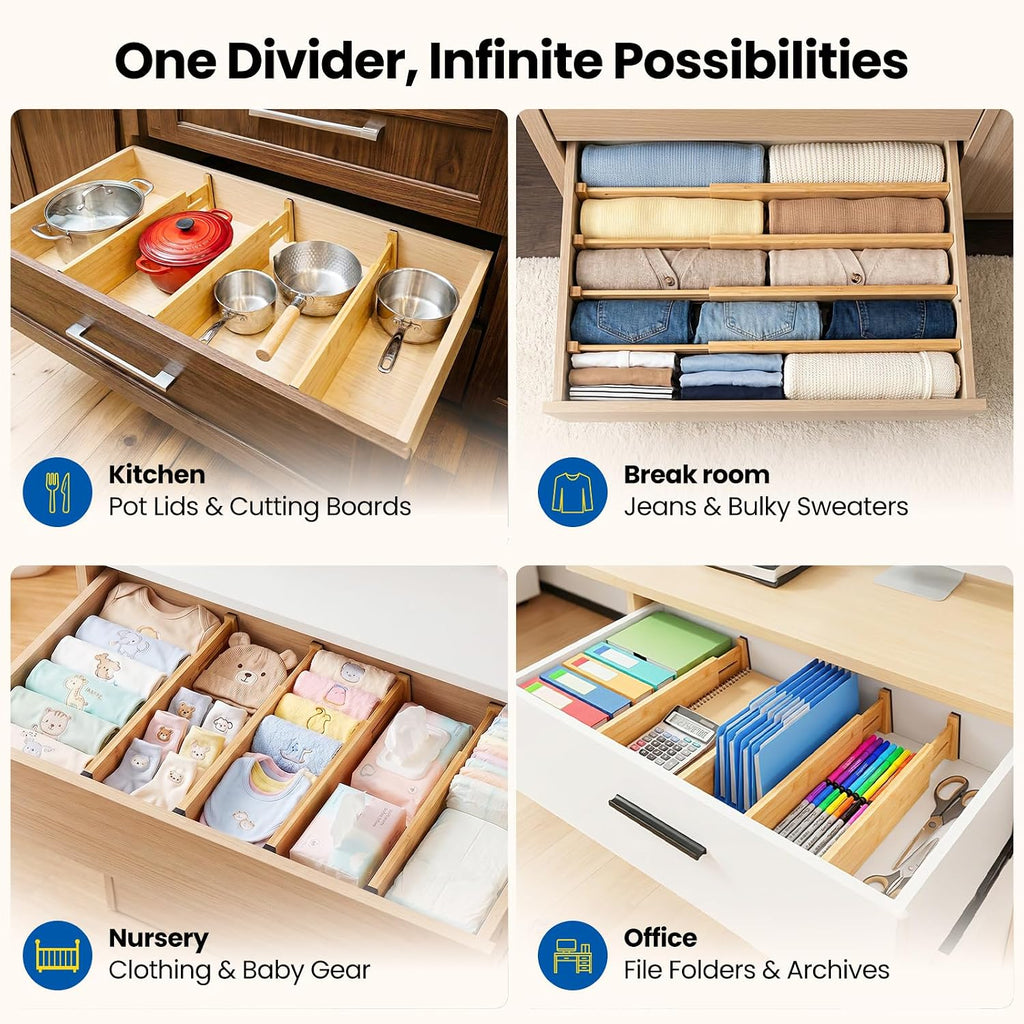 4 Pack 6" Deep Bamboo Drawer Dividers, 17-22" Expandable Kitchen Organizers
