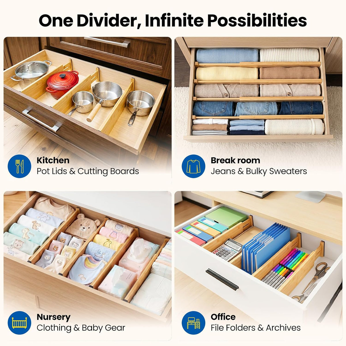 4 Pack 6" Deep Bamboo Drawer Dividers, 17-22" Expandable Kitchen Organizers