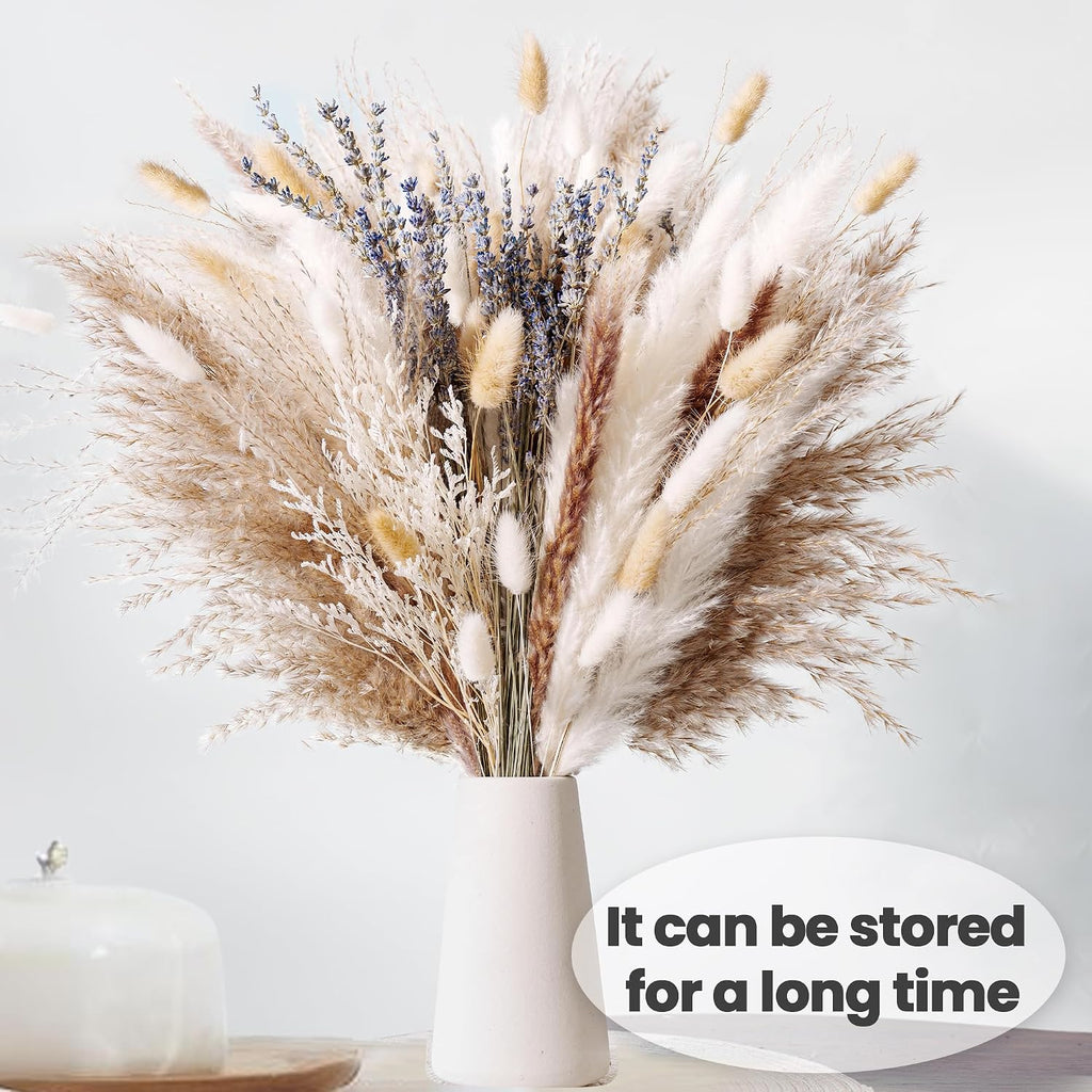 Dried Pampas Grass Bouquet – Floral Decor for Home, Wedding, Mantel & Table Centerpiece – Beige & White Pampas, Bunny Tail Dried Flowers, Lavender – Boho Chic, Rustic Farmhouse & Aesthetic Room Decor
