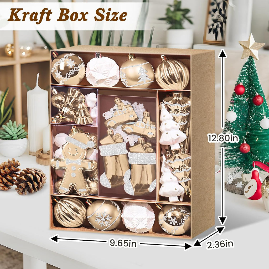 FestiveBliss Christmas Ornaments 71 Count, Champagne & White