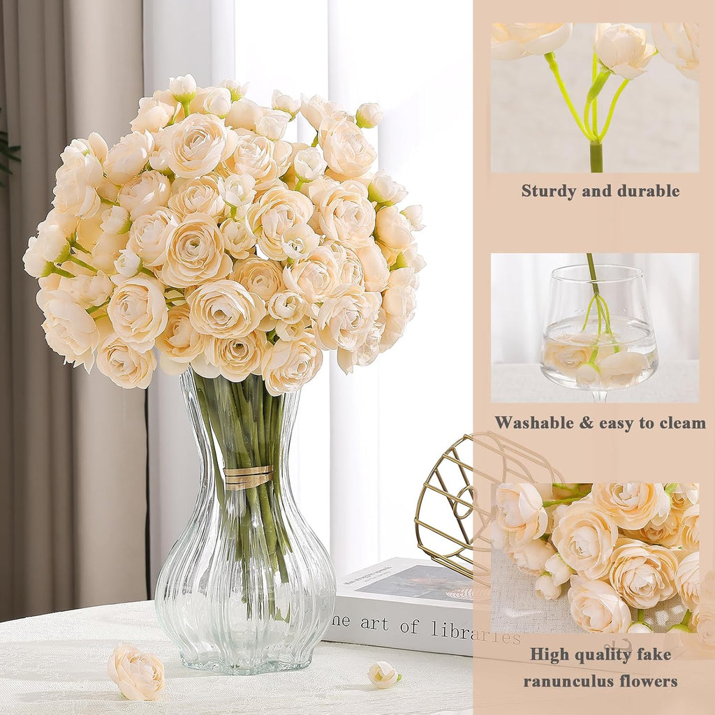 U'Artlines Mini Ranunculus Artificial Flowers Bouquet 20 PCS Creamy