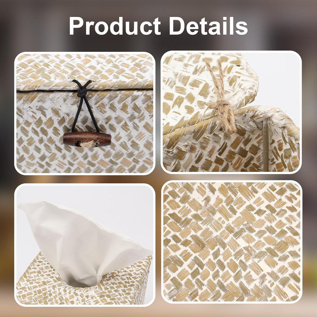 Seagrass Tissue Box Cover Square Tissue Box,Woven Tissue Box Holder with Lid,Rustic Tissue Cover for Bathroom Vanity Toilet Living Room Bedroom Kitchen Office Desk Car, Whitewash