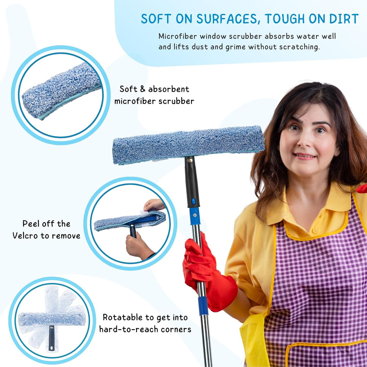Window Squeegee with Scrubber Kit for Home Glasses Cleaning, 6 Ft Long