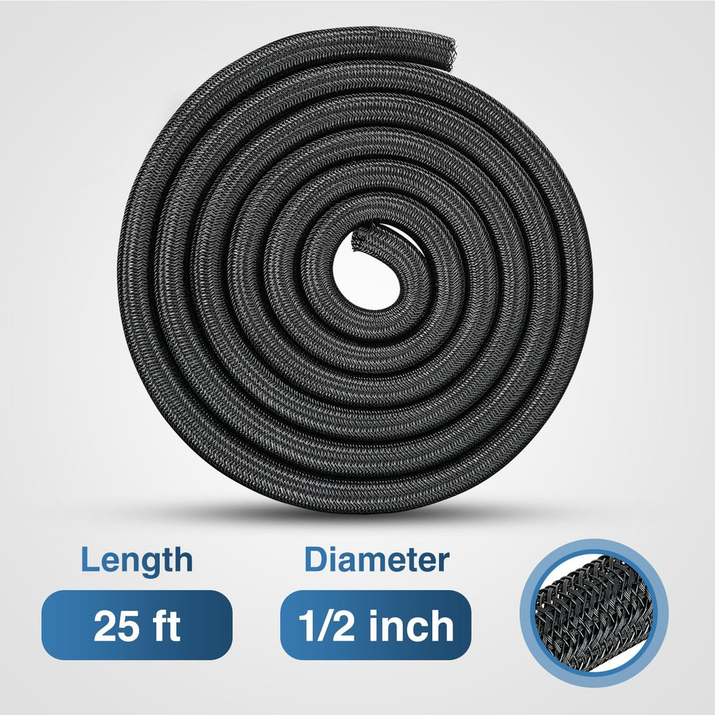 Nilight Cable Sleeve, 25ft-1/2inch Cord Management Sleeves Black Wire Loom