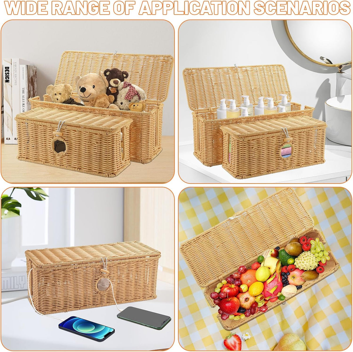 2 Pcs Handmade Cable Management Boxes Rattan Cable Organizer Large & Medium Cord Hider Organizer Boxes Power Strip Boxes Locked Cover with 2 Open Slots for Home and Workplace