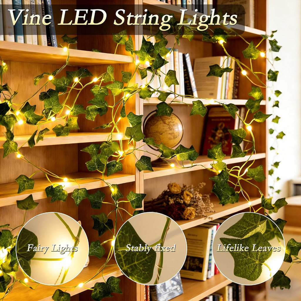66FT Ivy Vines with Fairy Lights, IP44 Waterproof 200LED String Lights with 8 Modes & Timer, Battery Operated Artificial Greenery Garland for Aesthetic Bedroom Wall Decor, Party, Wedding