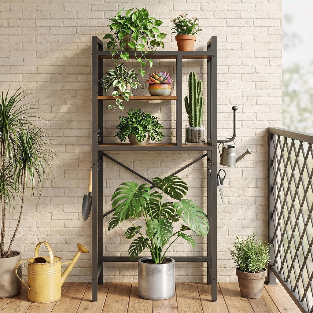 YATINEY Over The Toilet Storage Rack, 3-Tier Bathroom Organizer Shelf, Above Toilet Storage with Paper Holder 8 Hooks, Over The Toilet Storage Cabinet for Bathroom, Rustic Brown and Black TR06BR