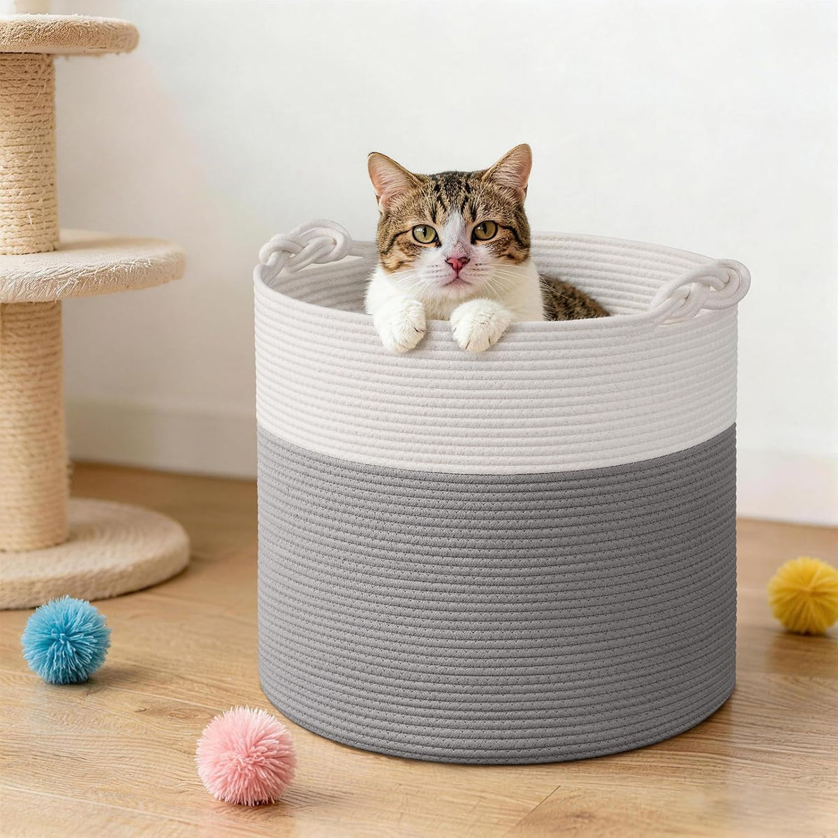 Goodpick Large Woven Rope Toy Storage Basket for Living Room, 60L, Grey