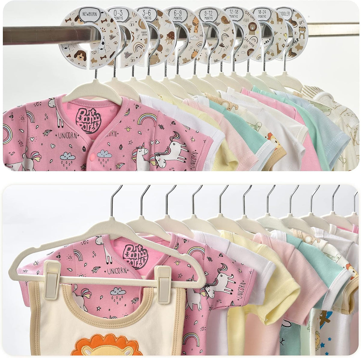 Babyrish Velvet Baby Hangers with 10x Clips and 8X Dividers (30 Pack) | 11” Ultra-Slim Baby Clothes Hangers | Non-Slip Felt | Space-Saving Nursery & Infant Closet Organizer | Beige